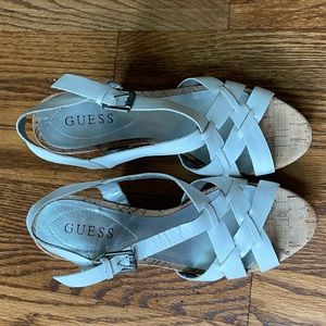 Guess White leather cork wedges